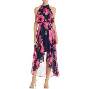 Eliza J Pink Floral Print Popover Chiffon High Low High Neck Midi Dress Size 6